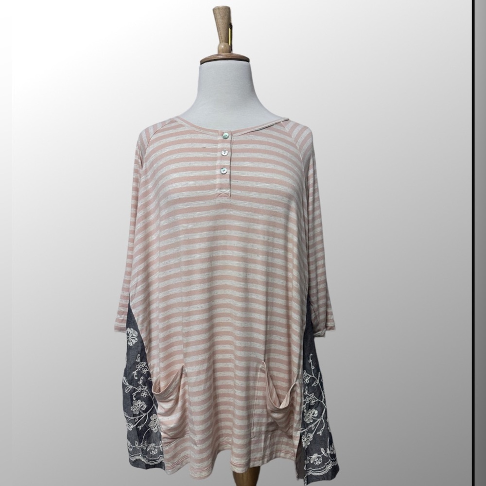 LOGO by Lori Goldstein Pink and White Striped Slub Henley
Top with Embroidery 1X - Picture 6 of 16